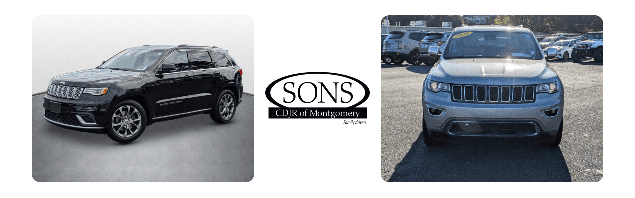 Jeep Grand Cherokee parked in front of SONS CDJR dealership in Montgomery, AL, showcasing its modern design.