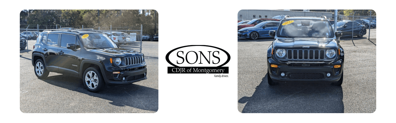 The SONS CDJR dealership in Montgomery, AL, showcasing Jeep Renegade models for sale.