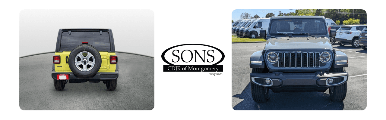 The SONS CDJR dealership in Montgomery, AL, showcasing a vibrant lineup of Jeep Wranglers.