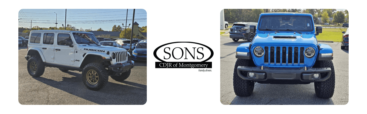 A Jeep Wrangler Rubicons displayed at SONS CDJR in Montgomery, AL, highlighting its rugged design and premium features.