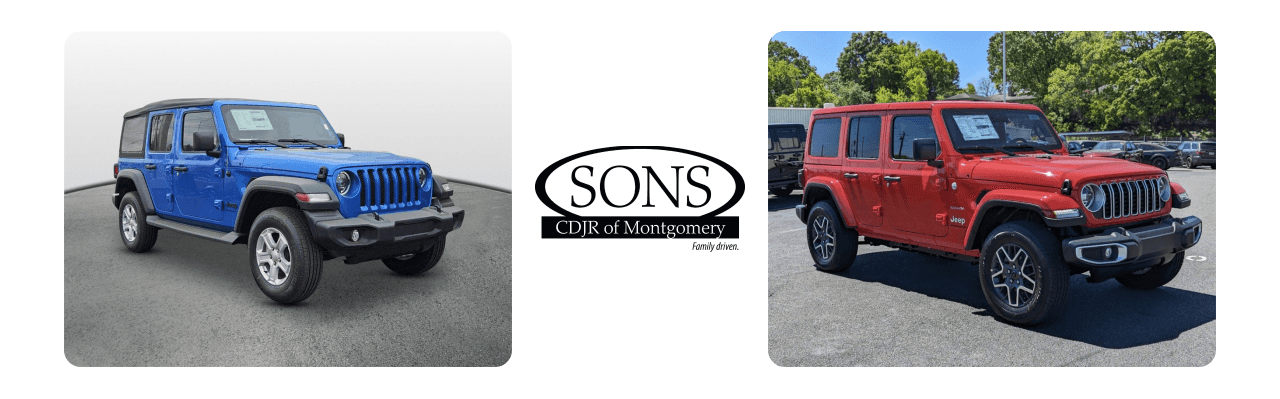 Jeep Wranglers showcased at SONS CDJR Dealership in Montgomery, AL.