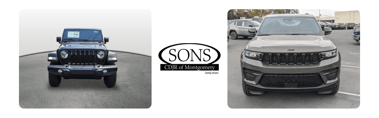 A lineup of Jeep vehicles at SONS CDJR of Montgomery showcasing rugged designs and versatility in Montgomery, AL.