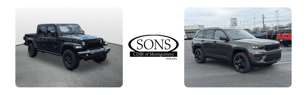 Jeep vehicles displayed at SONS CDJR Dealership.