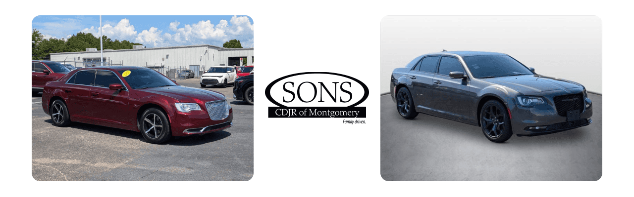 Used Chrysler sedans parked at SONS CDJR Dealership.