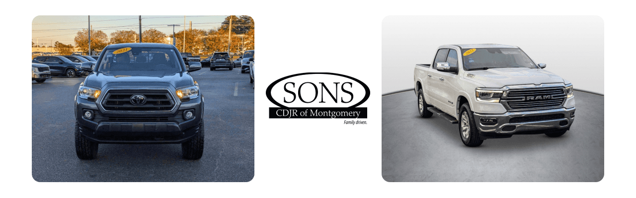 A selection of used trucks for sale at SONS CDJR of Montgomery, showcasing a variety of makes and models.