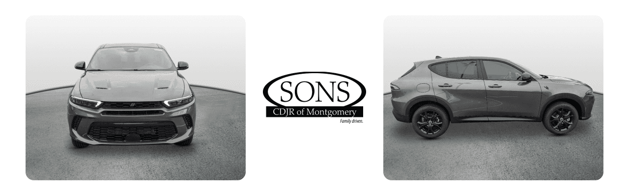 Showroom display of new Dodge vehicles at SONS CDJR of Montgomery with banners promoting Prattville specials.
