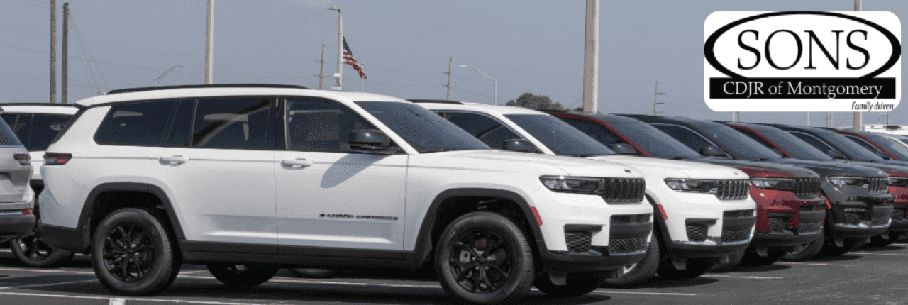 Exterior view of SONS CDJR dealership in Montgomery, AL, featuring a wide selection of quality used cars.