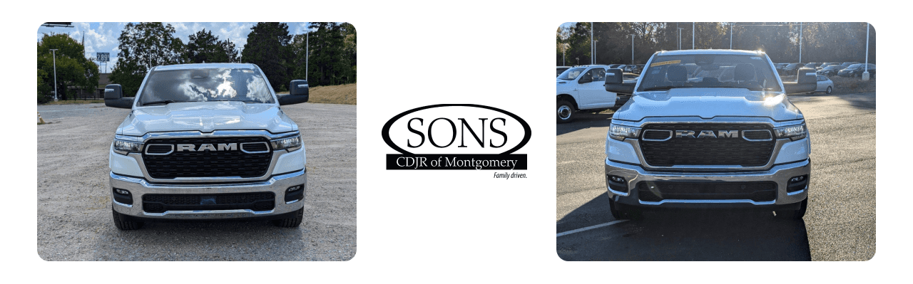 A rugged, used Dodge Ram pickup truck is displayed at SONS CDJR of Montgomery, showcasing its robust build and versatility.