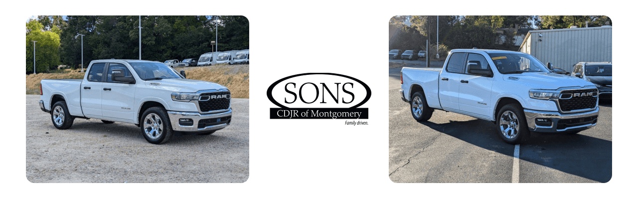 Ram pickup truck showcased at SONS CDJR of Montgomery Dealership.