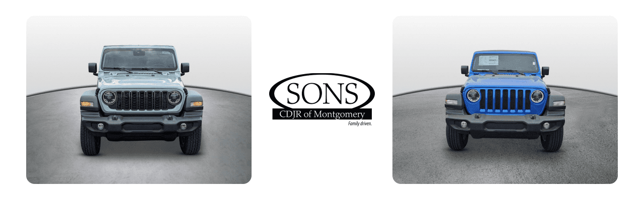Exterior view of SONS CDJR of Montgomery dealership showcasing a lineup of quality used Jeep Wrangler vehicles.