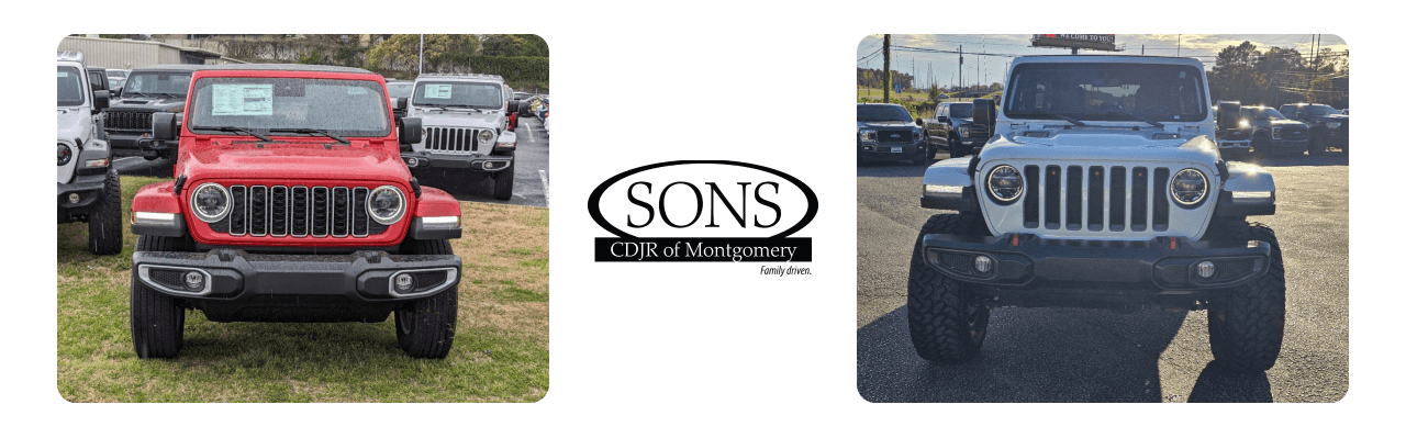 The front view of the SONS CDJR of Montgomery dealership, with various used Jeeps, is displayed in the parking lot.