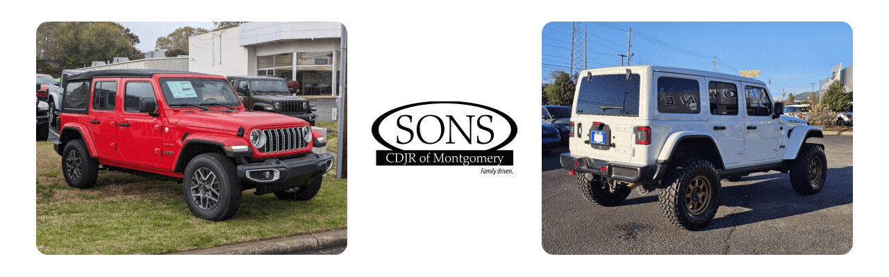 SONS CDJR of Montgomery showcasing used Jeeps at their dealership.