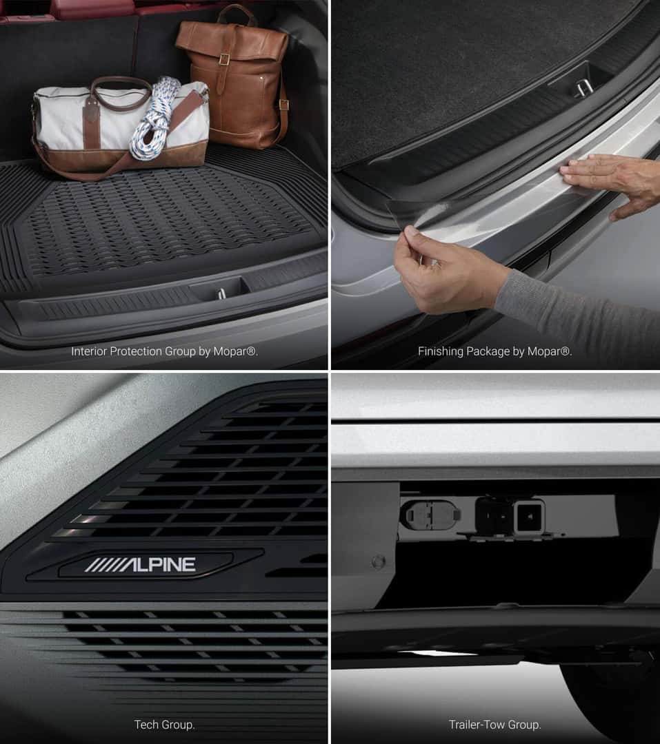 Four-panel grid showcasing OEM Jeep packages: Interior Protection Group by Mopar®, Finishing Package by Mopar®, Alpine® speaker grille -Tech Group-, Trailer-Tow Group.