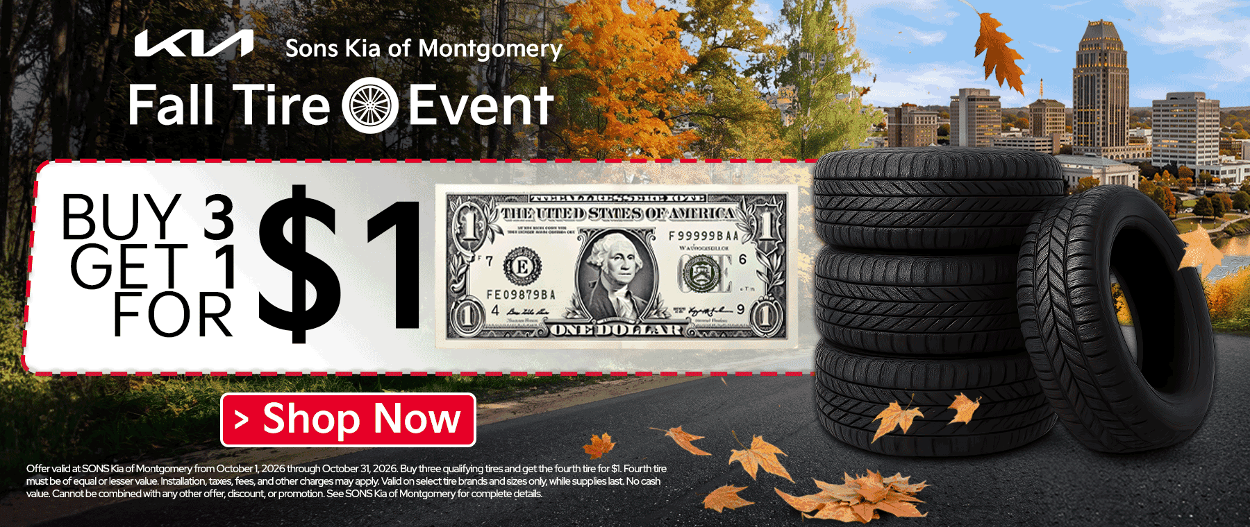 Buy 3 Tires Get 1 for $1