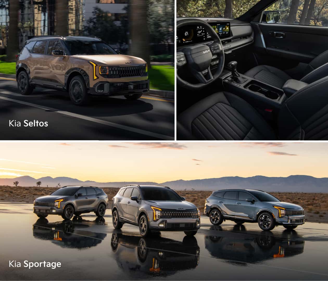 Kia Seltos driving on a city street alongside a view of its black interior, with three Kia Sportage SUVs parked on a reflective surface at sunset.