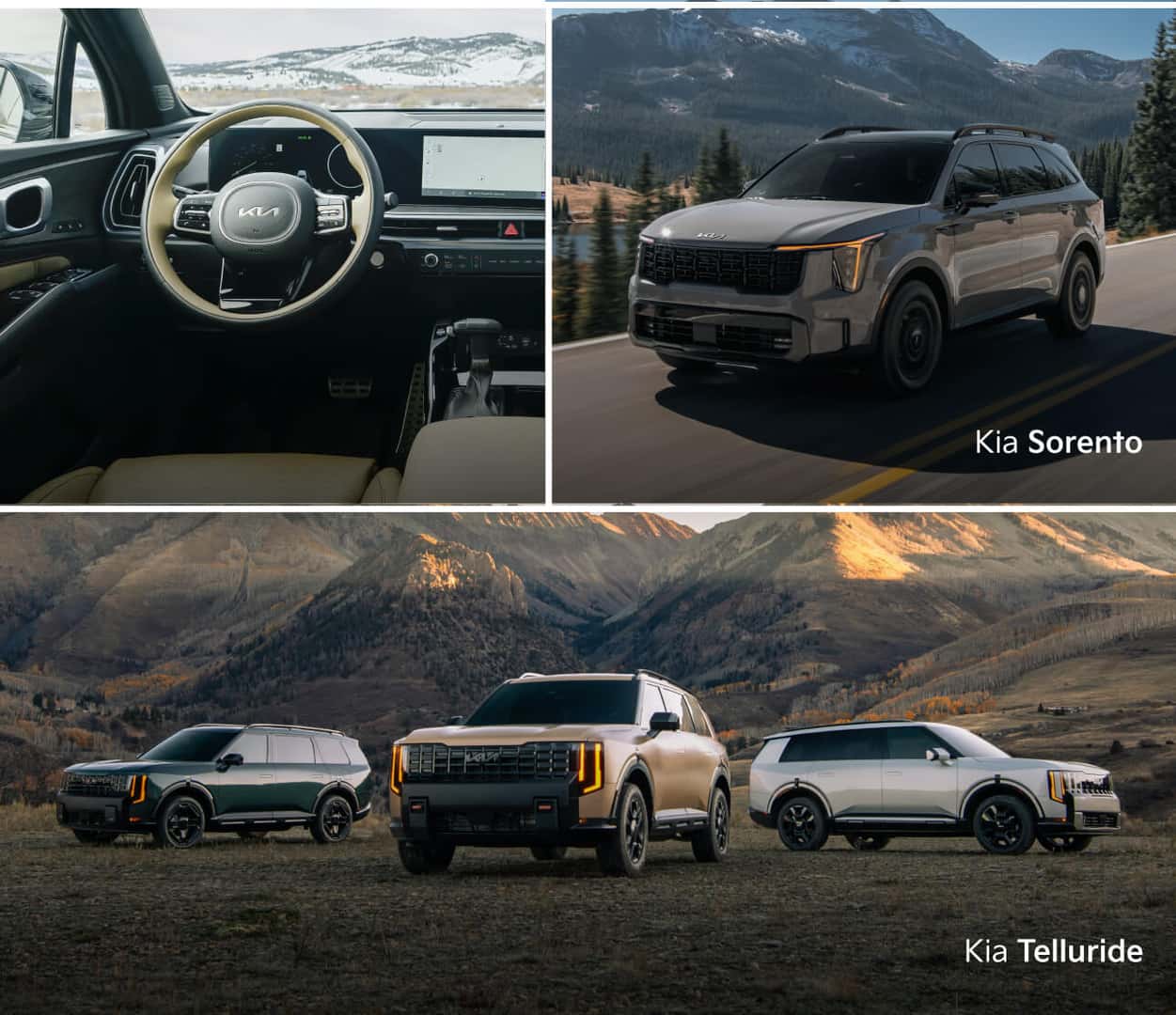 Kia Sorento driving along a mountain road alongside a view of its interior, with three Kia Telluride SUVs parked in a mountain landscape.