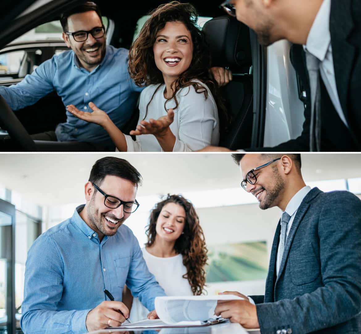 Customers discussing a vehicle purchase with a sales representative at a car dealership and signing paperwork.