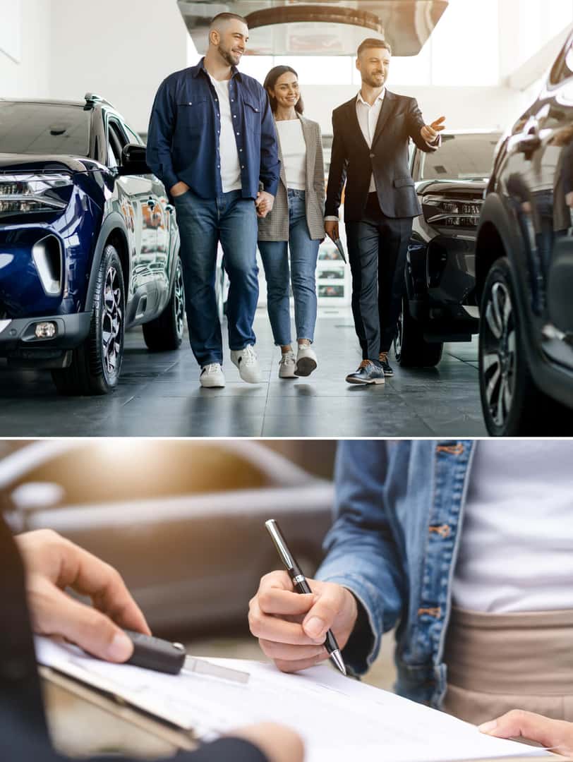 A sales representative assists a couple as they browse vehicles in a dealership. Close-up of hands signing paperwork.