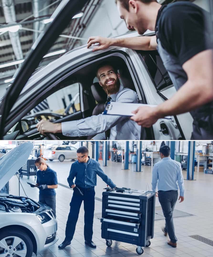 Service technicians speaking with a customer seated inside a vehicle and inspecting a vehicle in a service center.