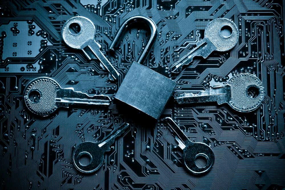 Padlock surrounded by keys security concept