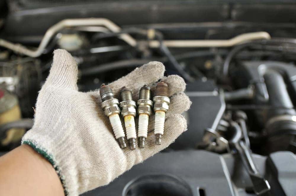 Gloved hand holding four spark plugs