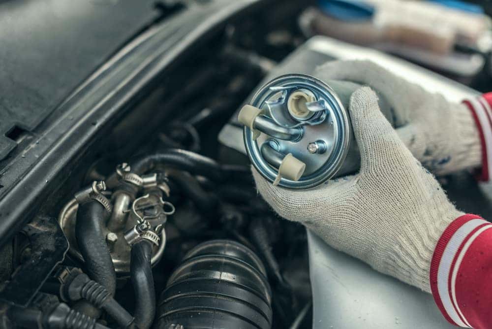 Gloved hands holding a fuel filter before installing in an engine