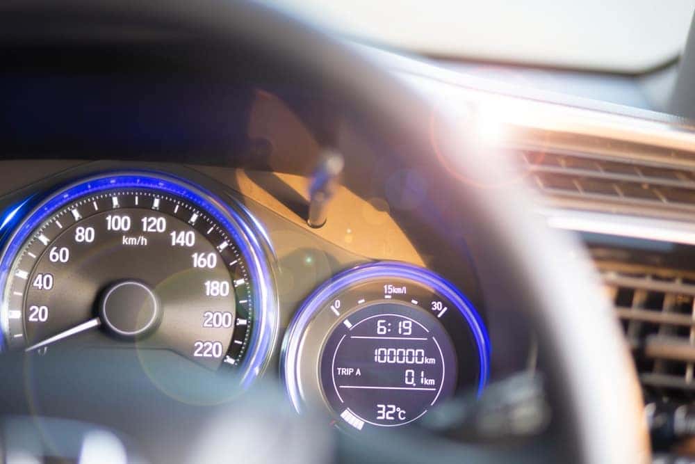 Close-up of odometer showing 100,000 miles