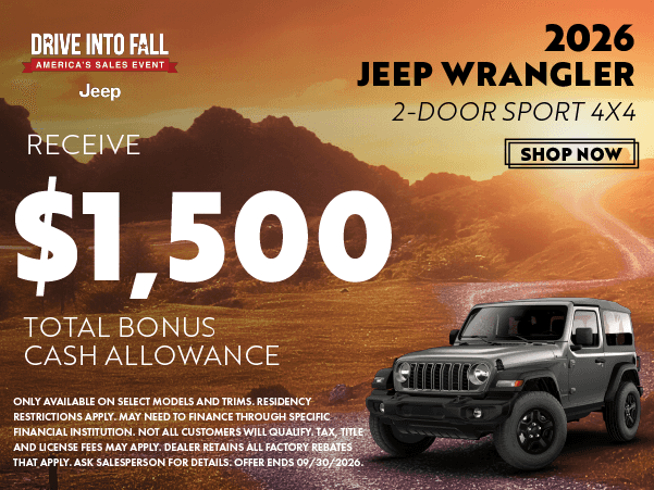 Available $1,500 Total Bonus Cash Allowance on select Jeep Wrangler Models