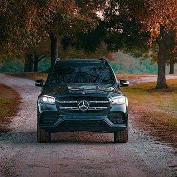 2022 Mercedes-Benz GLS 450 SUV driving in autumn